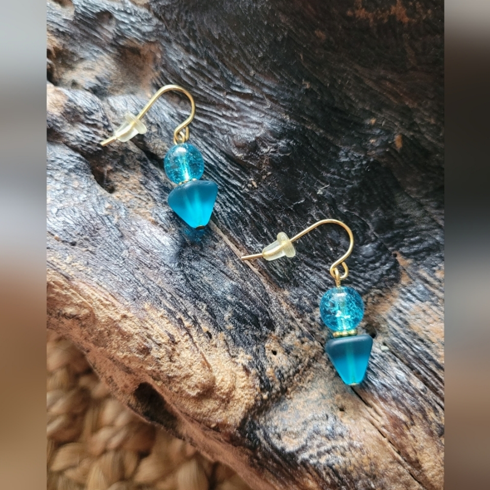 Deep Teal & Gold Toned Dangle Fish Hook Style Earrings